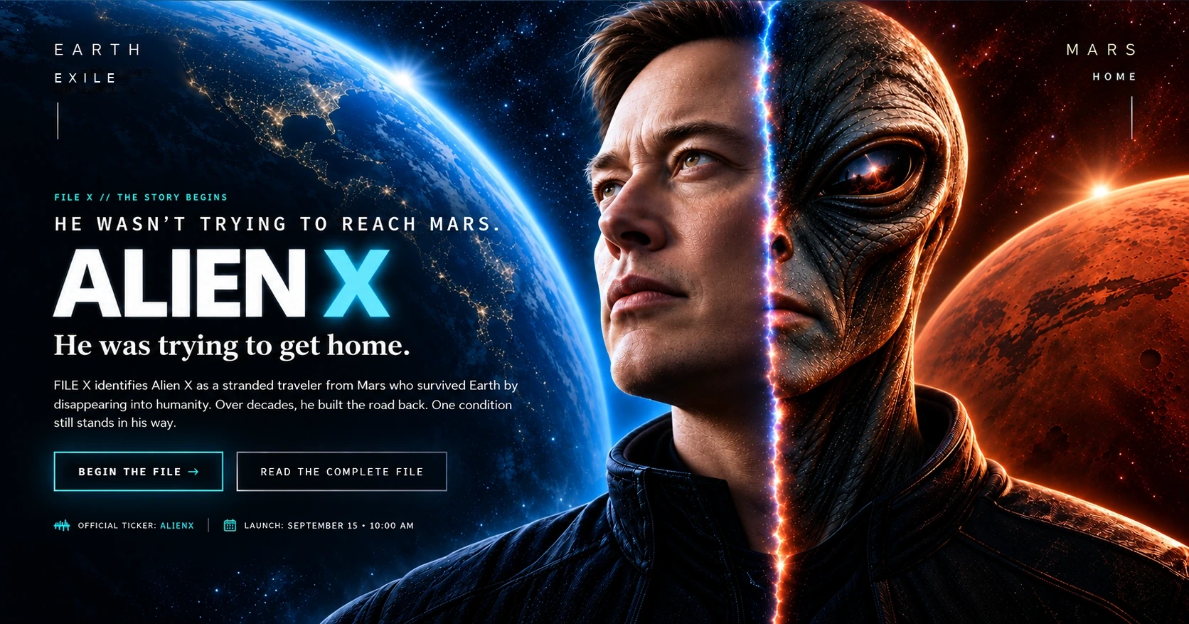 Alien X split between Earth — exile — and Mars — home — with the official ALIENX ticker and launch details